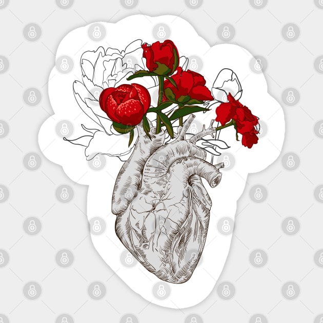 Human anatomical heart with flowers Sticker by Olga Berlet